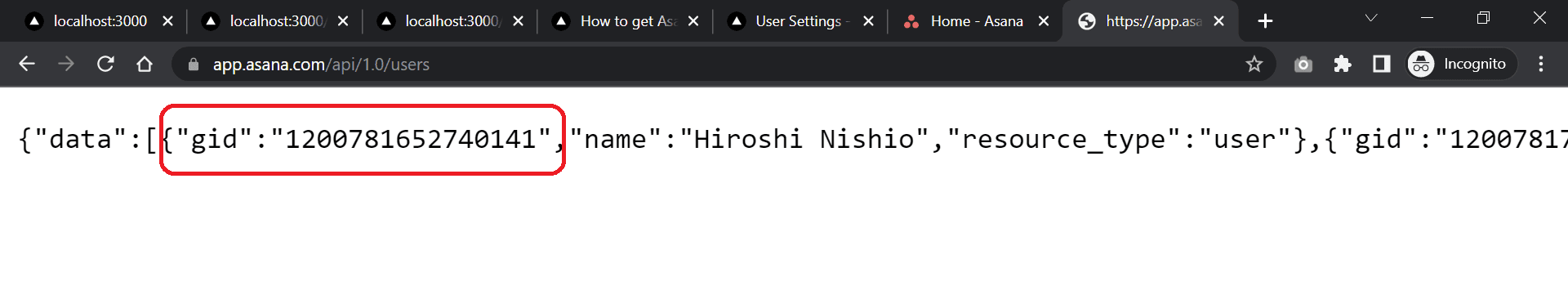 Asana API response