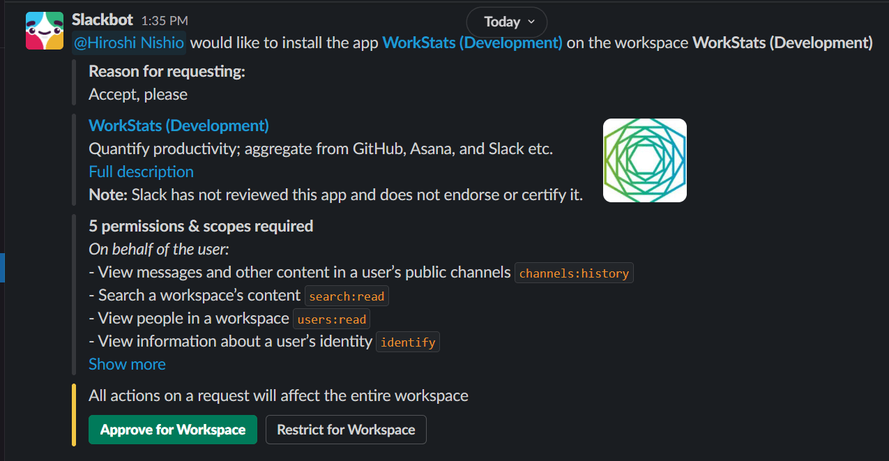 Slack bot sends a DM to the admin for approval