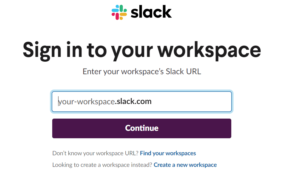 Slack login page