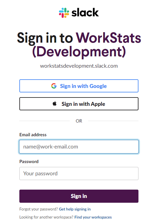 Slack login page