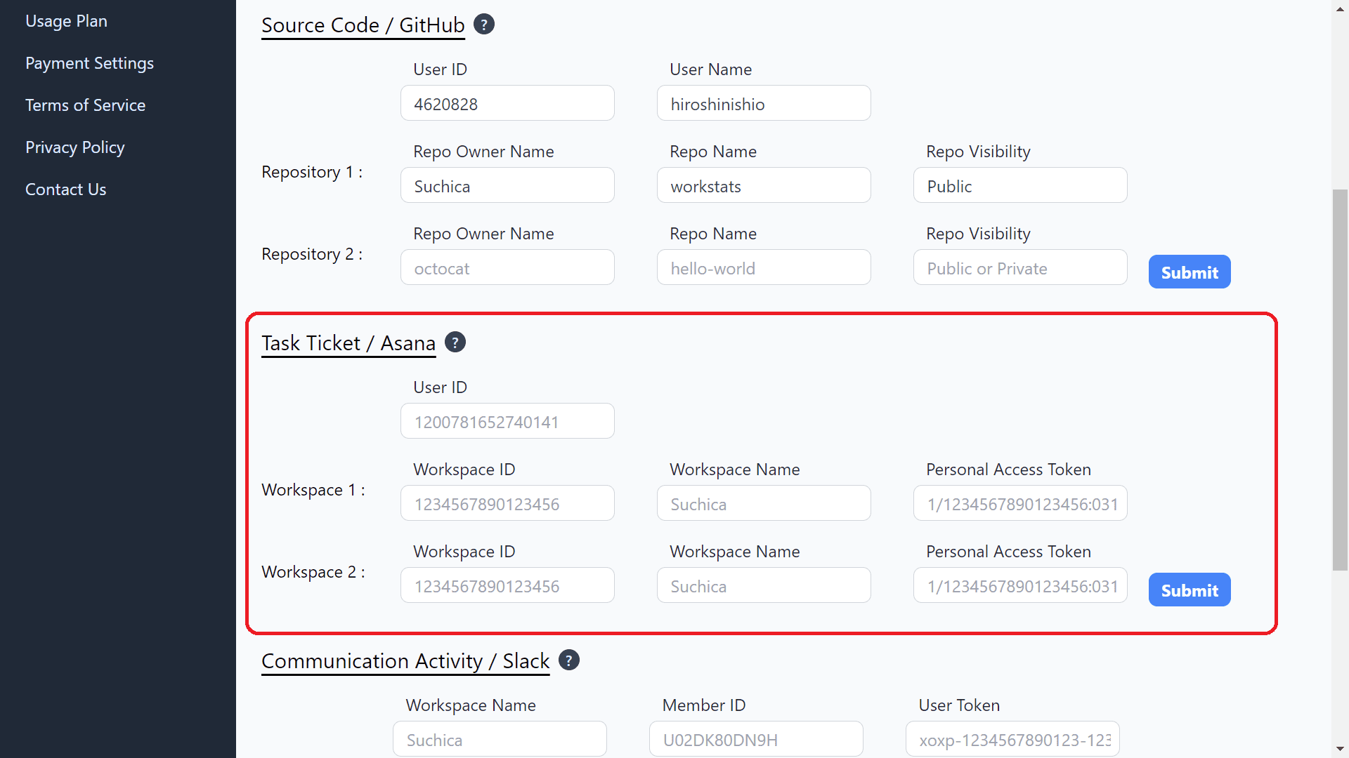 User settings with Asana info