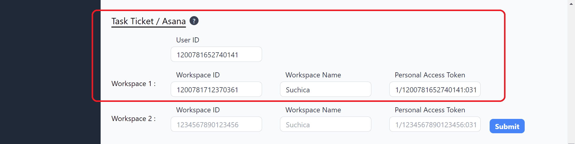 User settings with Asana info filled