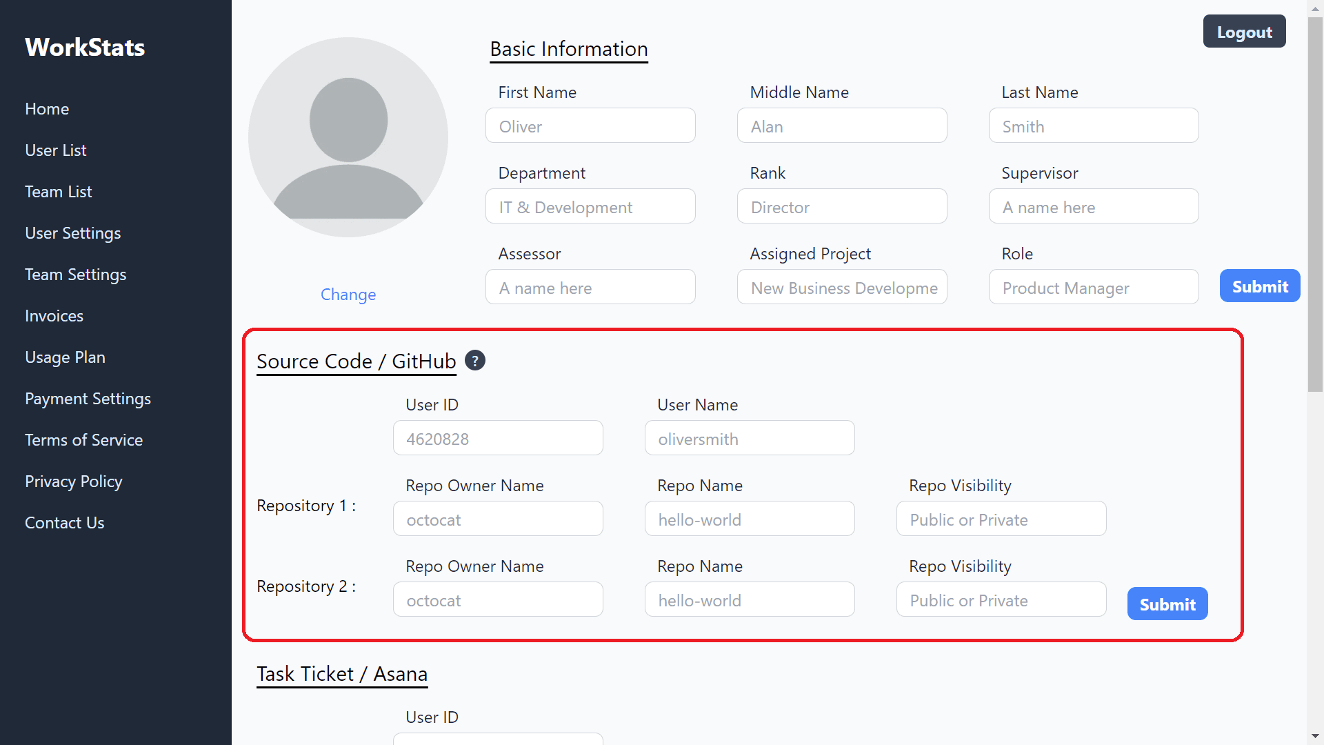 User Settings with GitHub info