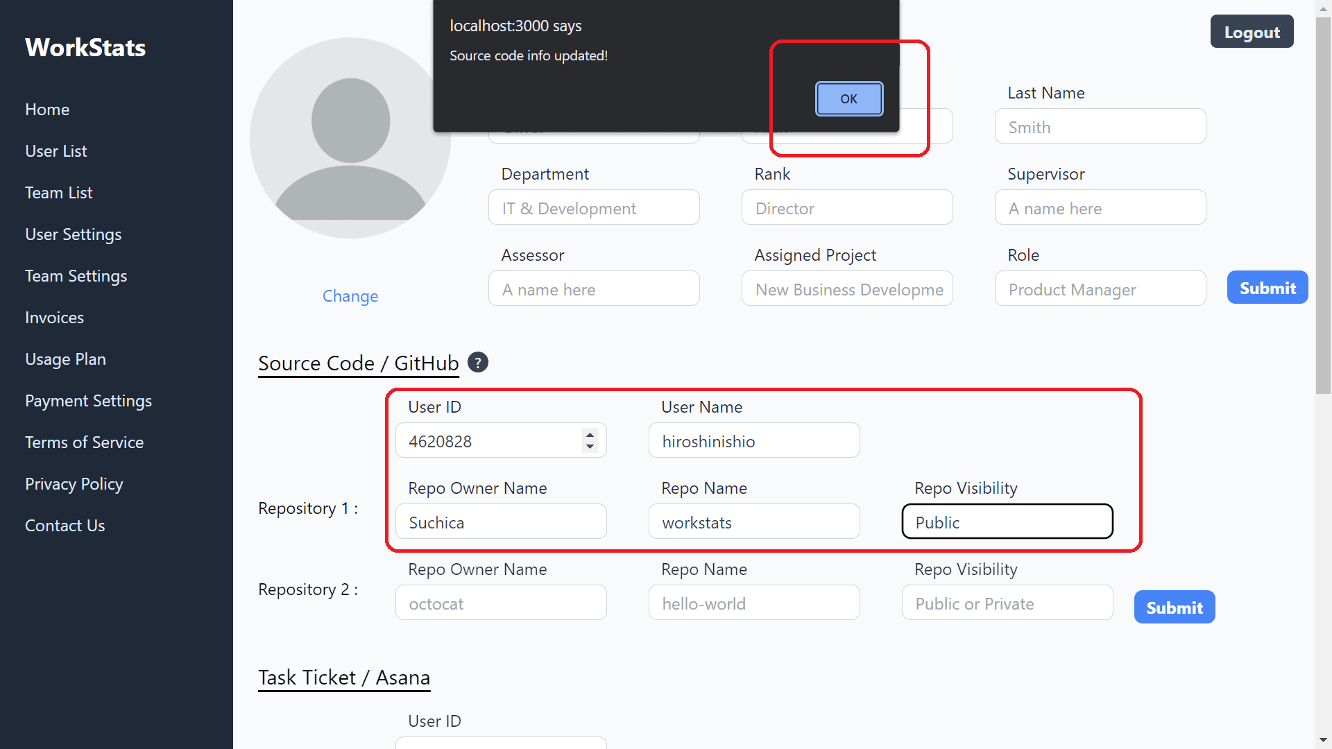User Settings with GitHub info fulfilled