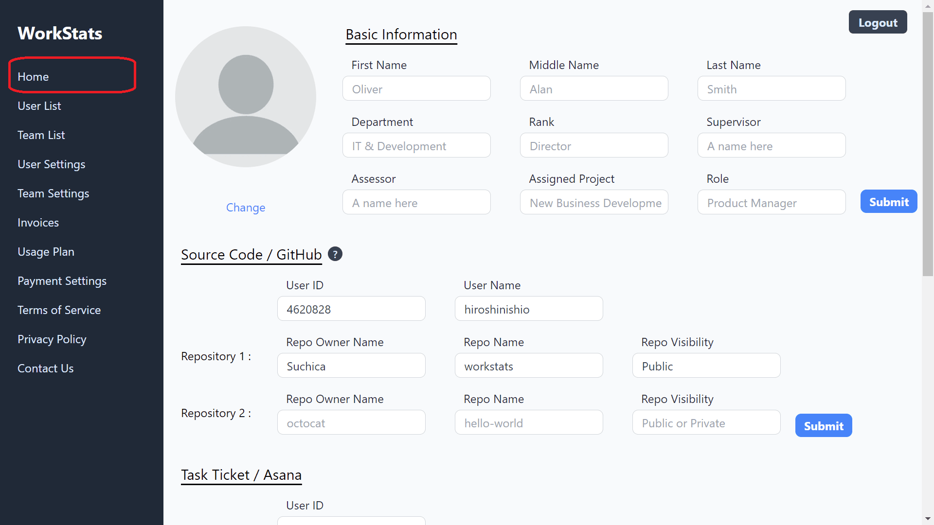 User Settings with go to home